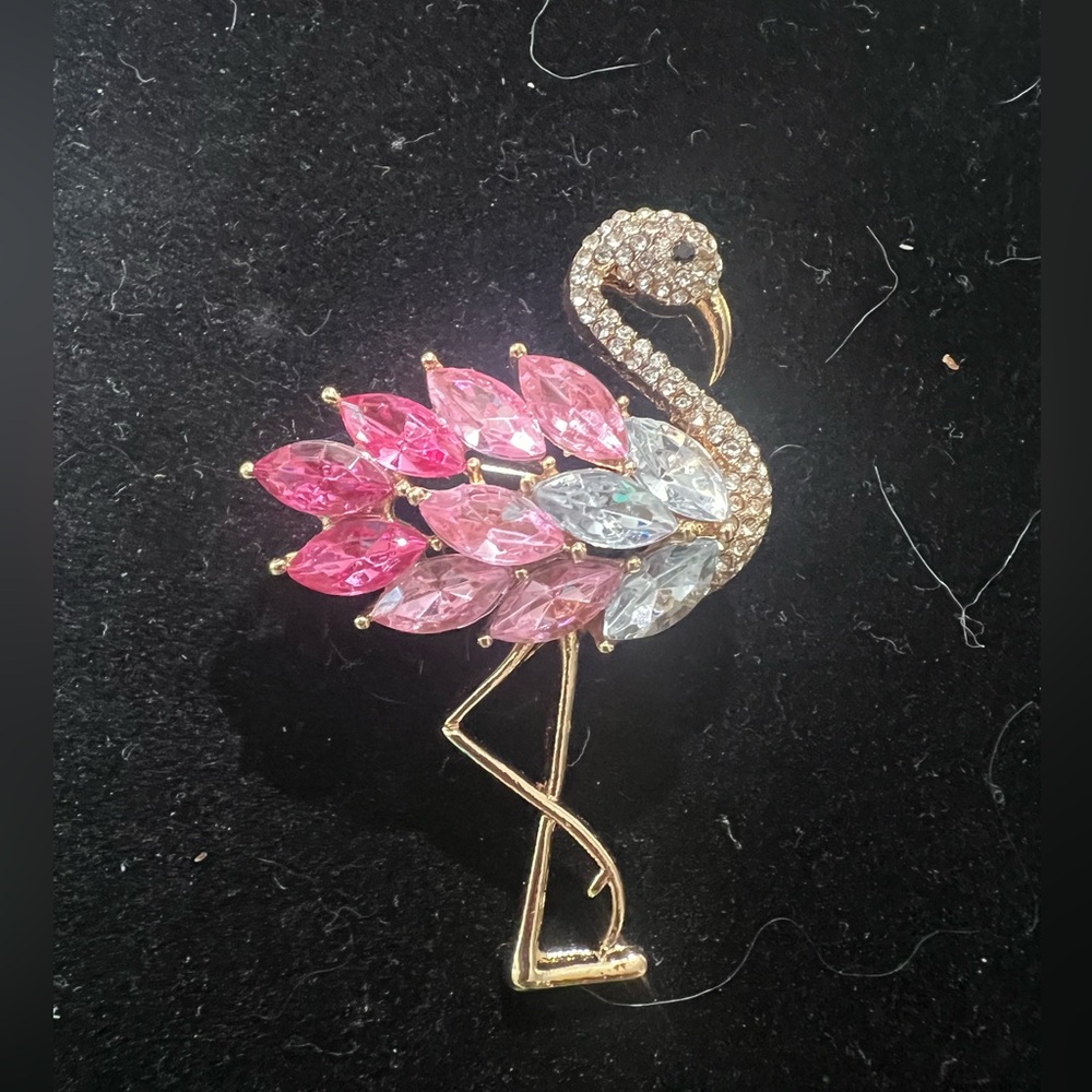 Gold Flamingo Brooch with Pink and Clear Crystals